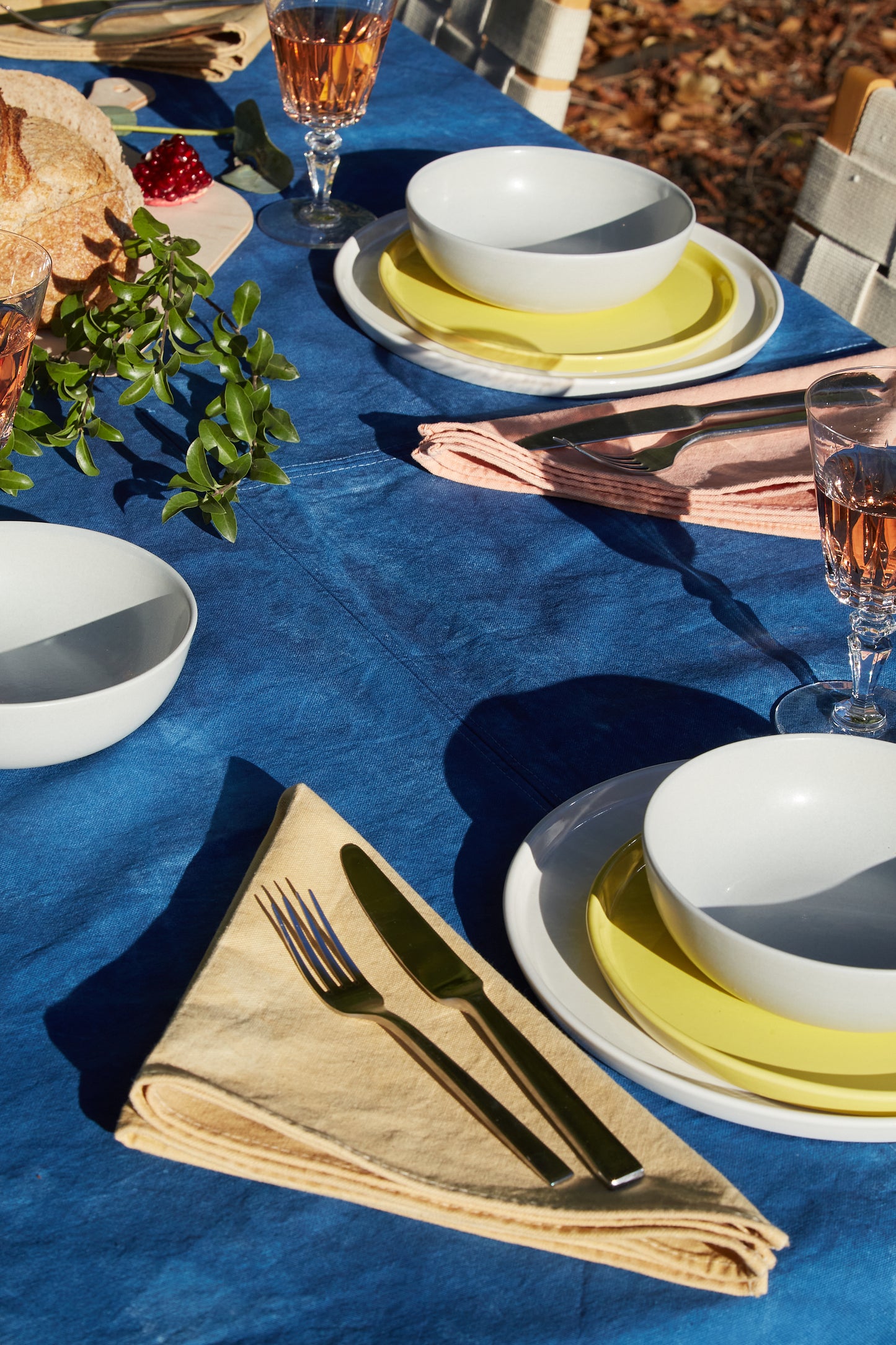 Naturally Dyed Tablecloth for 8 in Indigo detail view with table arrangement